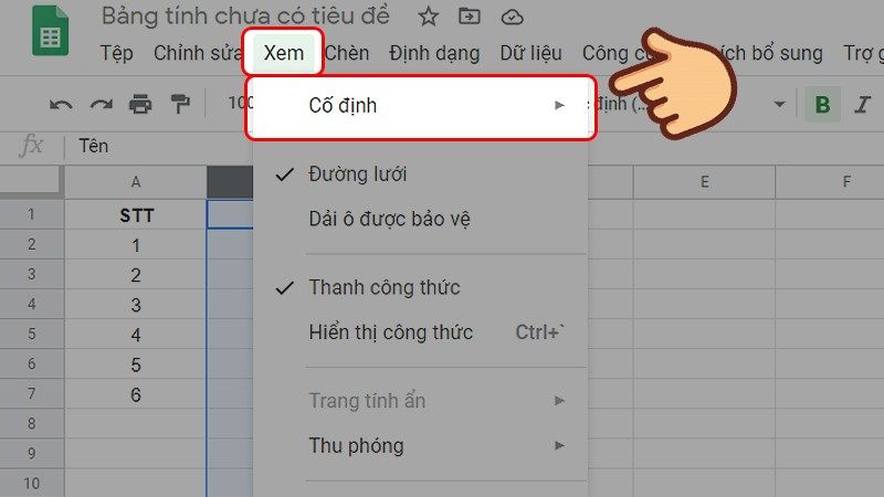 cách cố định hàng cột trong google sheet