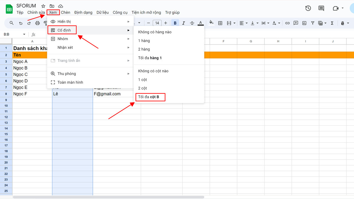 cách cố định hàng cột trong google sheet